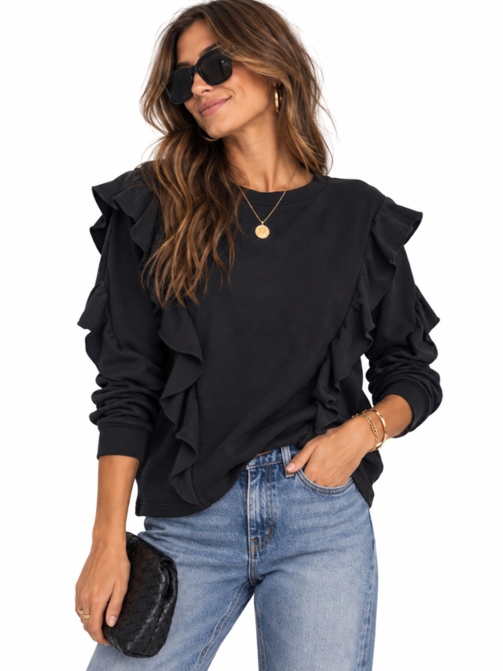 Cute Black Ruffle Crew Neck Sweatshirt Top